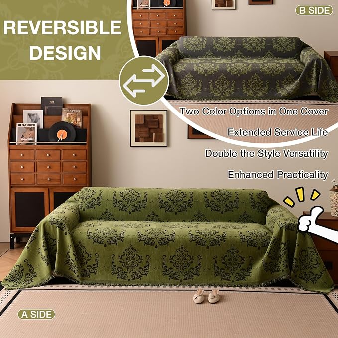 STACYPIK Vintage Floral Sofa Cover, Soft Reversible Couch Cover for Dogs | 71x150IN, Green, Tassel, Tear Resistant, Pet Friendly, 3 Cushion Couch/Sectional, Versatile Jacquard Chenille Couch Protector - Image 3