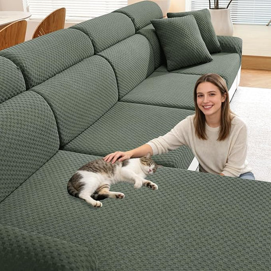 YEMYHOM Couch Cushion Covers for Sofa, Stretch Sectional Couch Seat Cushion Covers Washable Thick Furniture Protector Sofa Slipcovers for Pets (2 Seater + 1 Chaise, Army Green) by YEMYHOM