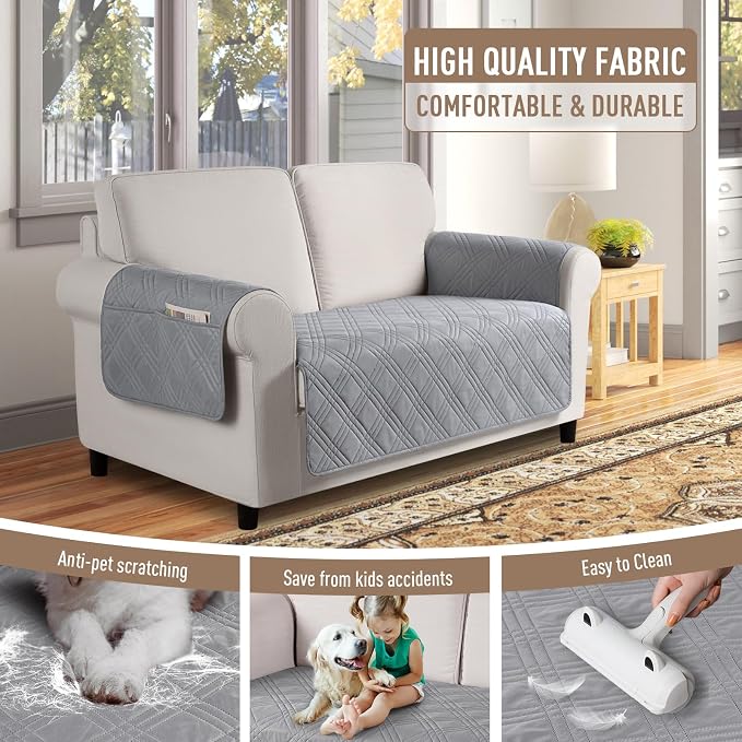 TAOCOCO Waterproof Loveseat Covers for Pets Dogs with Non Slip Backing, Sofa Seat Covers with Side Pocket for 2 Cushion Couch Washable Dog Couch Cover Protector Sofa Slipcovers(Loveseat, Light Gray) - Image 4