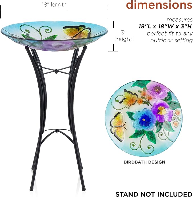 Alpine Corporation 18" Glass Birdbath Topper with Colorful Butterfly and Flowers - Image 2