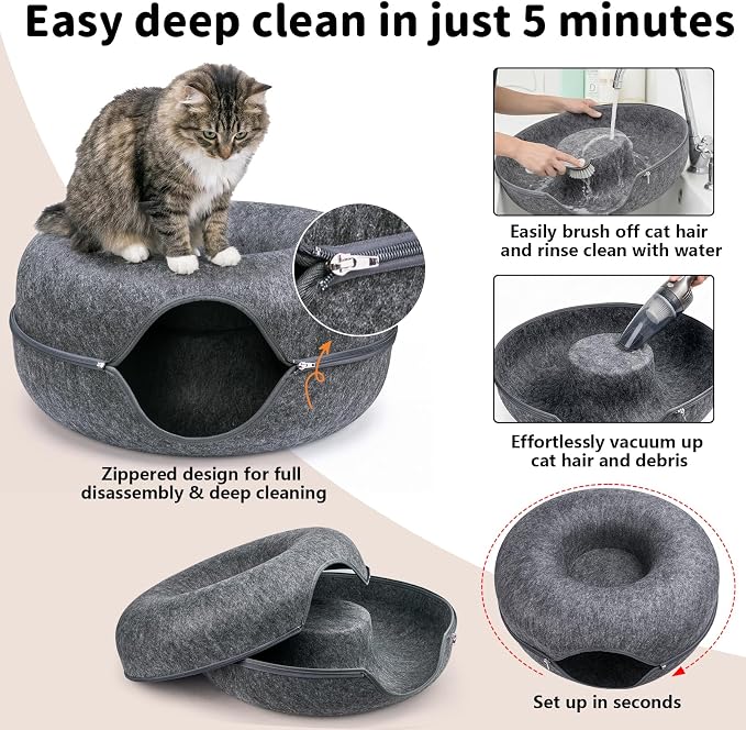 Cat Tunnel Bed for Heavy Big Cats up to 45 lbs - 24" Donut Cat Bed for Multi-Cat Home - Premium Detachable Zipper Felt Anti-Scratch Cat Cave Bed - Roomy Non-Collapsing Cat Hideaway & Peekaboo Toy - Image 6