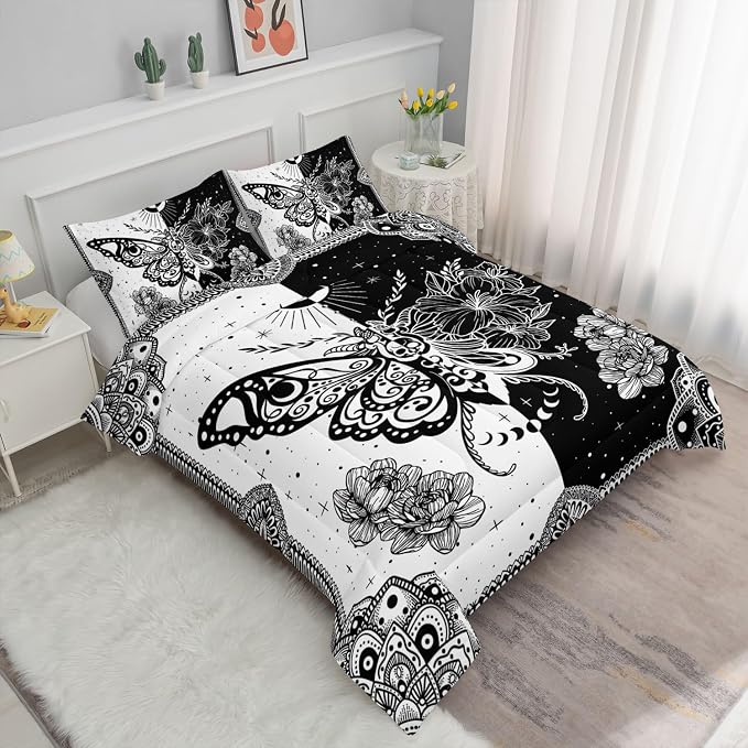 Black White Butterfly Comforter Set Bohemian Butterfly Printed Bedding Set with 1 Comforter and 2 Pillowcases for Boys and Girls Bedroom All Season(Butterfly-2 Twin) - Image 2