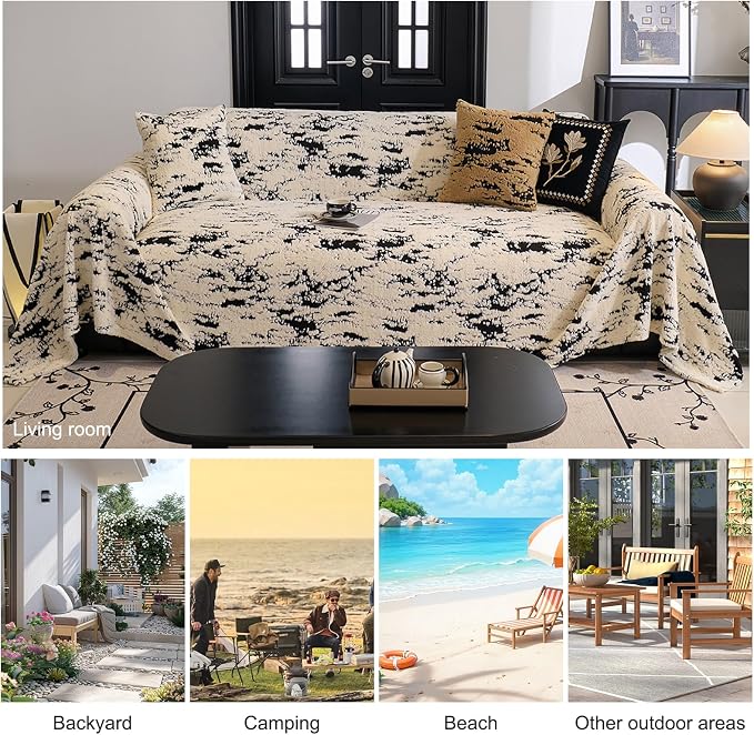 ROOMLIFE Striped Boho Couch Cover, Black, 71''X134 | 3 Cushion Sofa, Fuzzy Plush Warm, Non Slip Washable, Soft with Tassel, Winter - Image 6