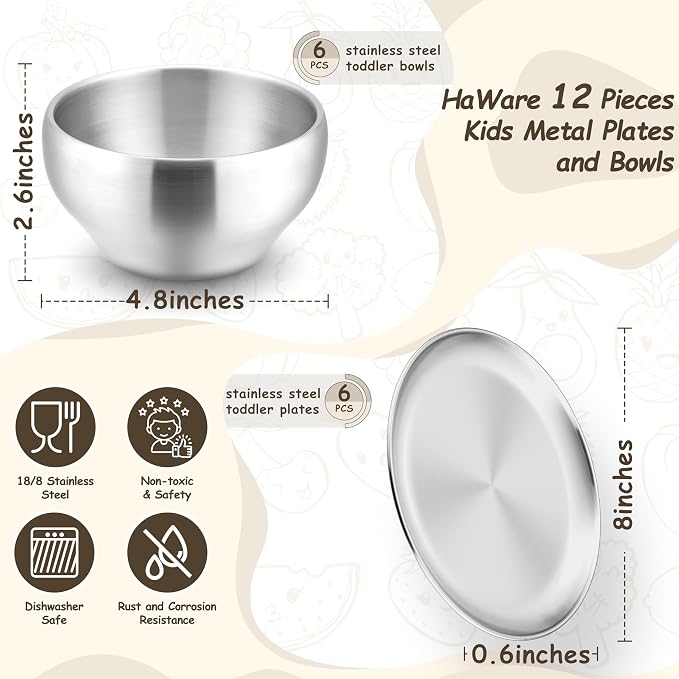HaWare Kids Plates and Bowls, 12 Pieces Stainless Steel Dish Set, Reusable Dinnerware for Camping, Hiking, Travel, Picnic, Non-toxic Tableware set for Kids Self-feeding, Dishwasher Safe - Image 2