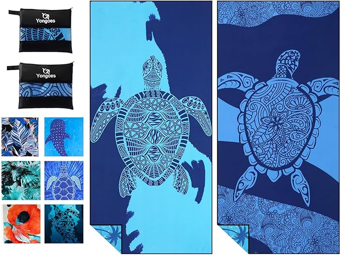Yongoes 2 Pack Microfiber Beach Towels Oversized 71x32 Blue Turtle | Thin & Lightweight, Sand Free, Super Absorbent Quick Dry Large for Pool Swim Bath Travel Vacation Accessories Essentials by Yongoesbeachtowel