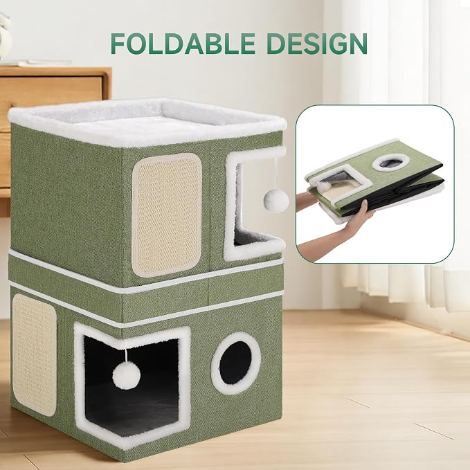 Shikha 2 Story Cat House beds for Indoor Cats with Scratch Pads Green | 2 in 1 Dual Use Double Cat Bed Cave for Multiple Pets Kitten, Elevated Perch for a Wide View, All Season Reversible Cushion - Image 7