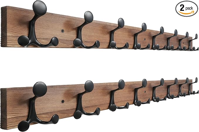 SKOLOO 43-Inch Wood Coat Rack Wall Mount with 8 Triple Hooks - Ideal for Family Entrances, Classrooms, and Pet Supplies Storage - Perfect Coat Hooks for Wall,Charred Golden Brown, Pack of 2 by SKOLOO