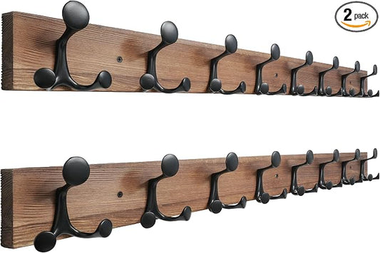 SKOLOO 43-Inch Wood Coat Rack Wall Mount with 8 Triple Hooks - Ideal for Family Entrances, Classrooms, and Pet Supplies Storage - Perfect Coat Hooks for Wall,Charred Golden Brown, Pack of 2 by SKOLOO