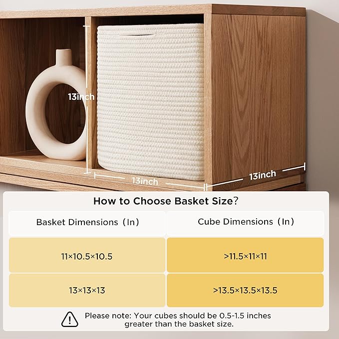 joybest 13inch Cube Storage Bins, Cotton Rope Woven Organizer Basket | Set of 4 Cube Bin Square Shelves Organizer Closet Storage, Nursery, Toy Organization, Brown&White - Image 3