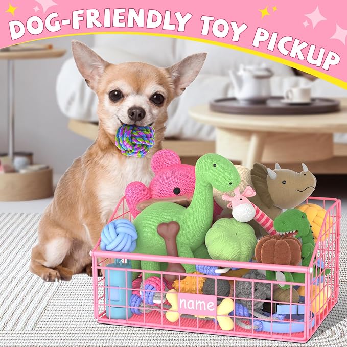 Kaiferty Indestructible Dog Toy basket, Small Toy Box for Dogs, Pet Toy Bin Dog Metal Basket for Toys, Toy Storage Organizer,Dog Toy Box for Living Room Area(Pink) - Image 3