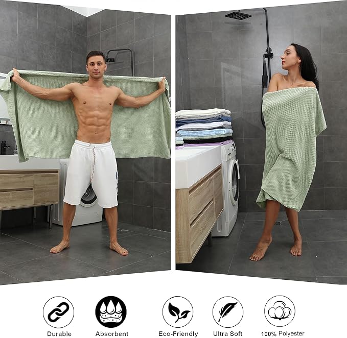 8-Piece Bath Towel Set, 2 Extra Large Bath Towel Sheets, 2 Hand Towels and 4 Washcloths - Highly Absorbent Quick Dry Polyester,Ultra Soft Towel Set for Bathroom, Waffle Weave Design, Pack of 8, Green - Image 5