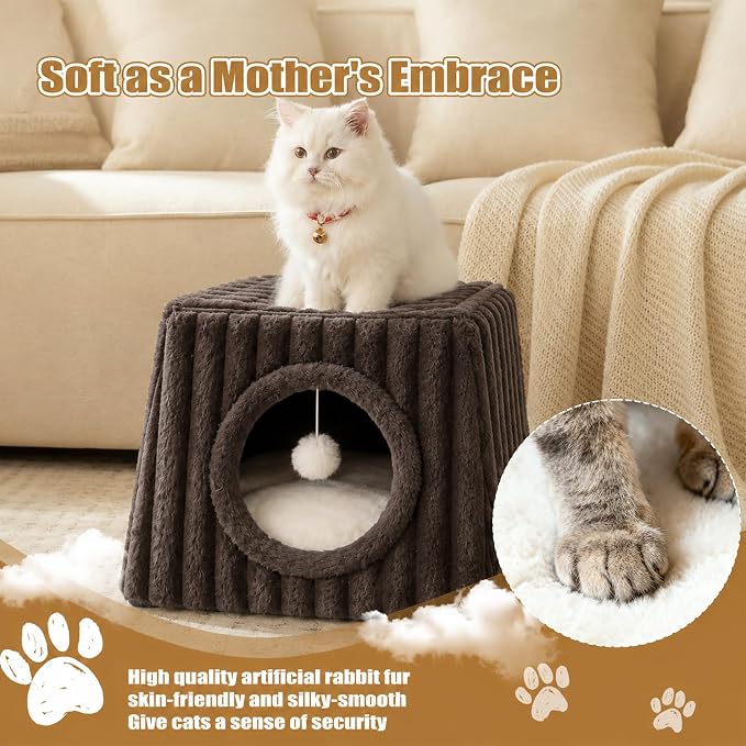 Indoor Cat House - Large Cat Cave Bed with Fluffy Balls, Foldable Cat Bed Cave and Apartment with Pads, Suitable for Multiple Small and Large Cats, 15.74x13.7x13.7inches (Coffee, Large) - Image 5