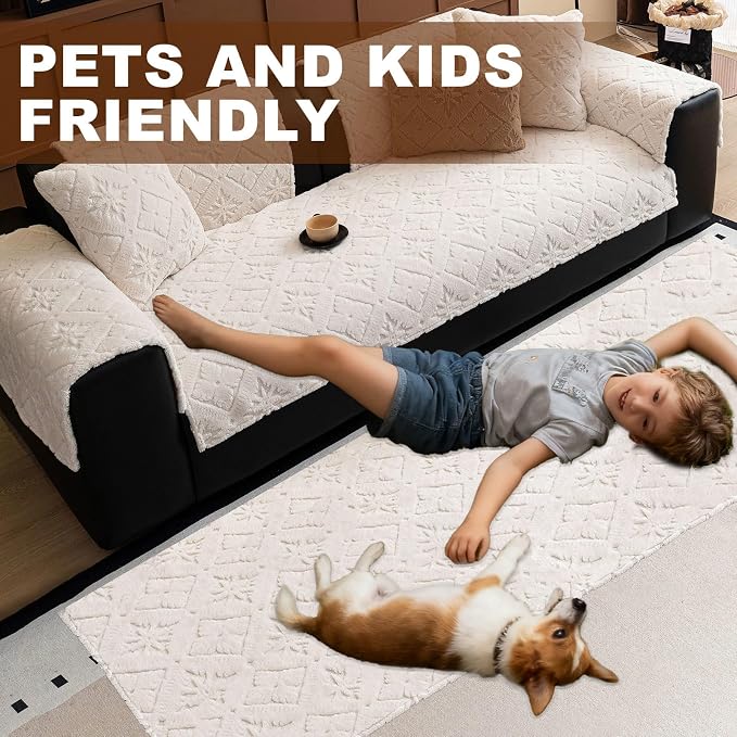 STACYPIK Plush Fleece White Sofa Cover Washable, Armrest Backrest Cover, Non-Slip Pet Friendly Jacquard Couch Cover for Dogs, Thick Vintage Fuzzy Pet Protector for 3 Cushion Cushion-27.6X70.9IN - Image 5