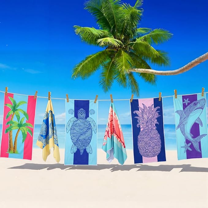 Buryeah 10 Pcs Beach Towels 30 x 60 Inch Quick Dry Absorbent Beach Blanket Seahorse Dolphin Turtle Crab Jellyfish Flamingo Pineapple Hawaii Towel for Kids Adult Sports Pool Picnic Camping Travel Swim - Image 5