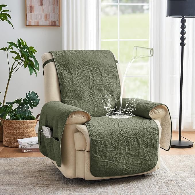 Green Recliner TV Chair Covers, Quilted Décor Water-Repellent Medium Lazy Boy Chair Covers, Pet Friendly Recliner Slipovers for Dogs Cats, Washable Recliner Cover (Recliner 26", Olive Green) - Image 2