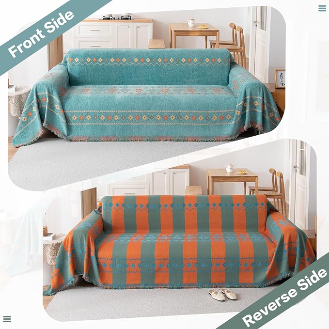 DREAMINGO Teal Boho Couch Cover Jacquard Chenille Sofa Covers Washable 3 Seater Sofa Protector for Pets Kids Modern Bohemain Sectional Couch Slipcovers for Living Room, 71"x134" - Image 7