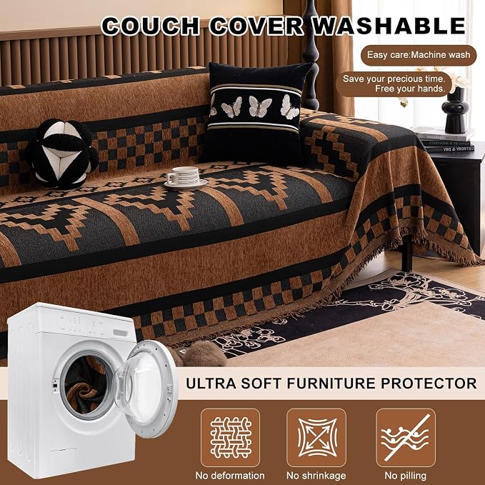 ROOMLIFE Dark Brown Couch Cover 3 Cushion Sofa, Washable Non Slip Furniture Sofa Protector Cover, Soft Chenille Sofa Slipcovers Sectional L Shape Dogs Couch Cover Throw Blanket with Tassels71''X118'' - Image 7