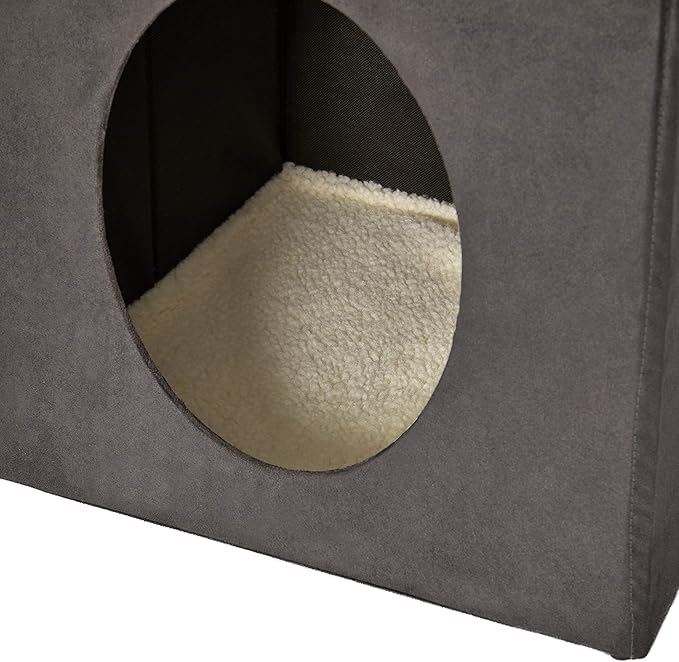 MidWest Homes for Pets Cat Cube, 15.5 x 15.5 x 16.6 Inches, Foldable Cat Hideout with Toy, Bolstered Bed Top, Faux Gray Suede, Synthetic Sheepskin Bedding - Image 6