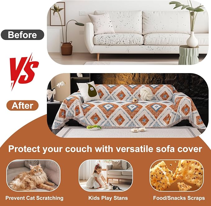 ROOMLIFE Couch Cover Boho Sofa Covers for 3 Cushion Couch Washable | Furniture Protector Sofa Couch Cover for Dogs, Soft Breathable Sofa Slipcover, Couch Throw Blankets with Tassels 71''X118'' - Image 8