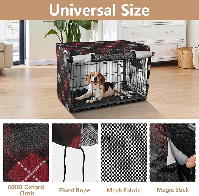 Dog Crate Cover Kennel Cover for Dog Cages Breathable for Wire Cage Indoor Outdoor Dark Red Black Argyle - Image 4