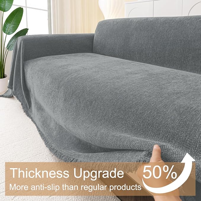 Smiry Couch Cover for Dogs, Chenille Sofa Covers for 3 Cushion Couch | Washable Soft Sofa Slipcover for Pets, Thick Sectional Furniture Protector with Tassels (Grey, 88.5x150 Inch) - Image 4