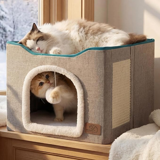 Bedsure Cat House Bed for Indoor Cats with Fluffy Ball and Scratch Pad,Grey | 16.5x16.5x13 in,Large Cat Cave for Multiple Pets,Foldable Cat Hideway Cube for Sleeping Kitten by Unknown