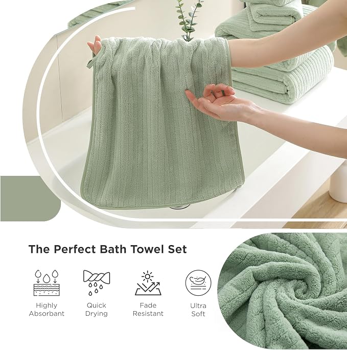 18 Piece Family Bath Towel Set Include 6 Bath Towels,6 Hand Towels and 6 Washcloths Soft Bathroom Towel with Hanging Loops,Highly Absorbent Quick Dry Towels Set for Bathroom,Hotel and Spa-Green - Image 6