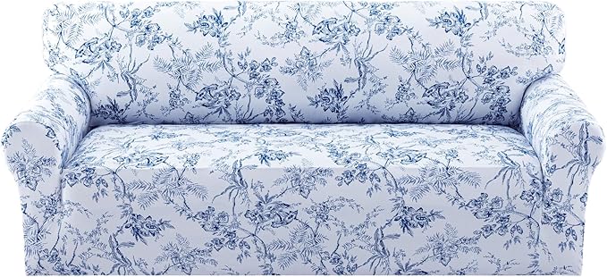 H.VERSAILTEX Stretch Sofa Covers for 3 Cushion Couch Printed Sofa Cover Super Soft Fabric Floral Pattern Couch Protector for Dogs Washable(Garden Bliss-Blue,Sofa) by HVERSAILTEX