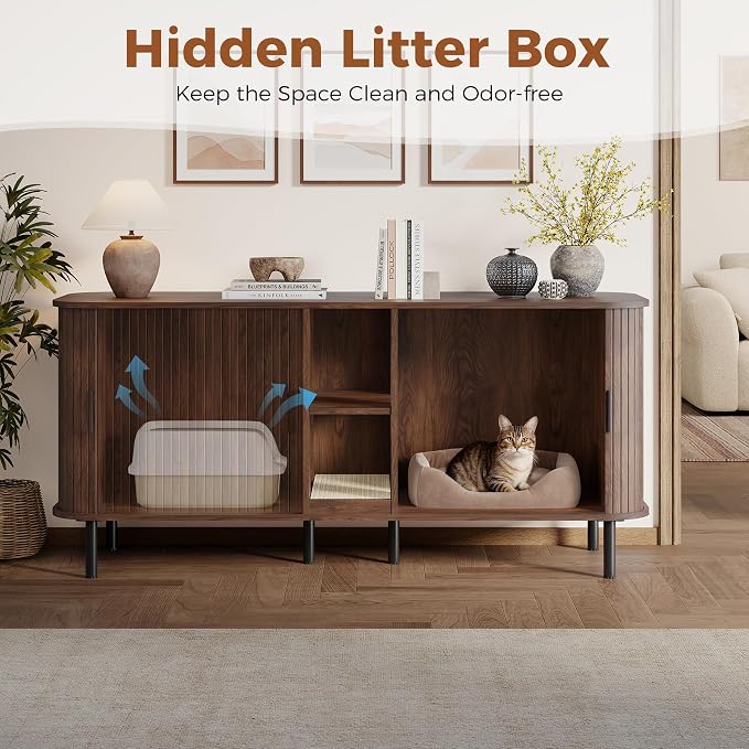 58" Double Cat Litter Box Enclosure, Large Hidden Litter Box Furniture for 2 Cats with Cat Scratch Pad, Mid Century Modern Indoor Cat House with Double Room, TV Stand, Side Table, Walnut - Image 3