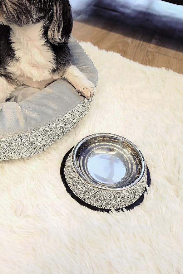 Strass Pet Bowl, Sparkling Rhinestones on Stainless Steel, Non-Slip Base, for Cats, Dogs, Other Pets, Food and Water, Silver, Small, Sold Individually - Image 7