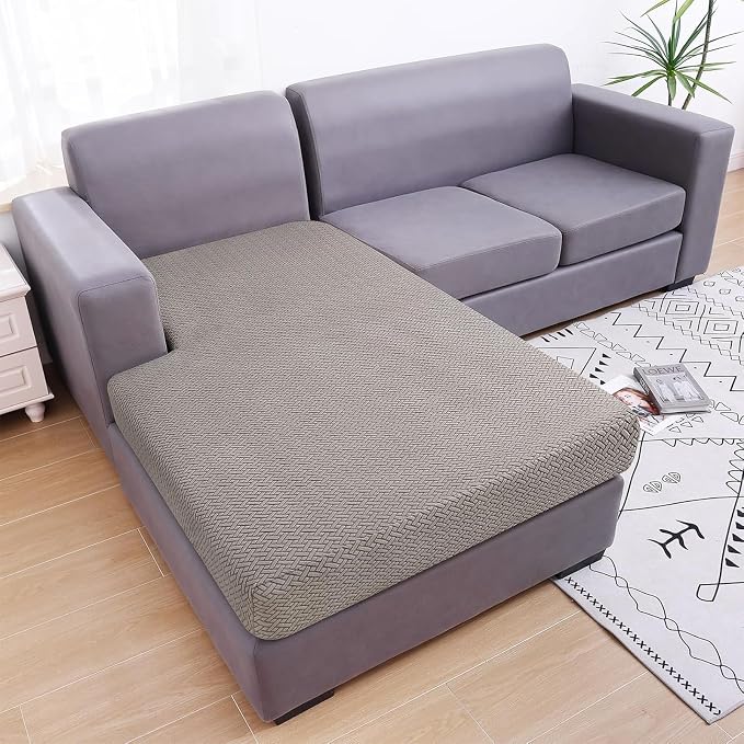 Smiry Waterproof Couch Cushion Covers, L Shape Sectional Couch Covers | Stretch Jacquard Chaise Lounge Sofa Slipcover, Washable Elastic Furniture Protector for Pets, Chaise, Taupe - Image 5