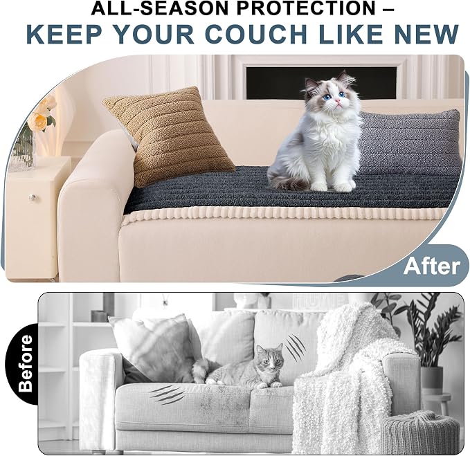 OTOB Sofa Covers for 3 Cushion Couch Washable, All Seasons Fuzzy Non Slip Kids & Pet Friendly Dog Bed Mats Couch Cover, Soft Plush Sofa Slipcovers Furniture Protector (Dark Gray, 27.6" x 70.9'') - Image 2