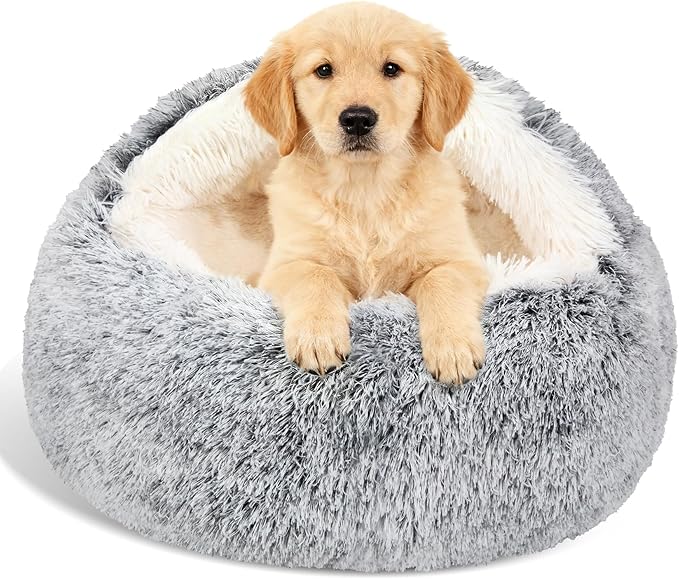 Calming Dog Beds & Cat Cave Bed with Hooded Cover,Removable Washable Round Beds for Small Medium Pets,Anti-Slip Faux Fur Fluffy Coved Bed for Improved Sleep,Fits up to 15/25 lbs(Grey,M) by MADDEMCUTE