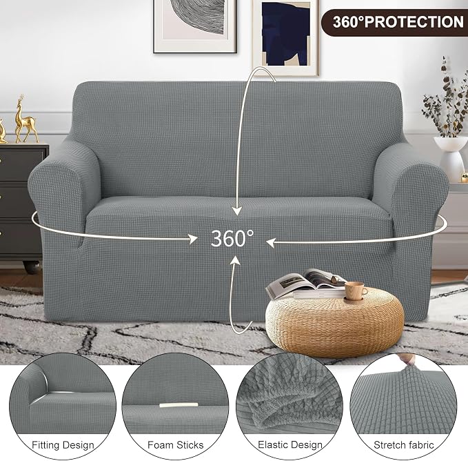 U-NICE HOME Loveseat Cover Stretch Couch Cover Sofa Slipcover, Grey | 2 Cushion Sofa, 1-Piece Sofa cover, Washable, Pet friendly, Furniture protector, Polyester Spandex Jacquard fabric - Image 3