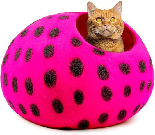 Woolygon Premium Felt Cat Cave Bed – Wool Kitty Beds Handcrafted Kitten Caves Bed for Indoor Cats - Made from Merino Wool, Foldable Cat Hideaway Covered Cat House Pod (Pink Polka) by Woolygon