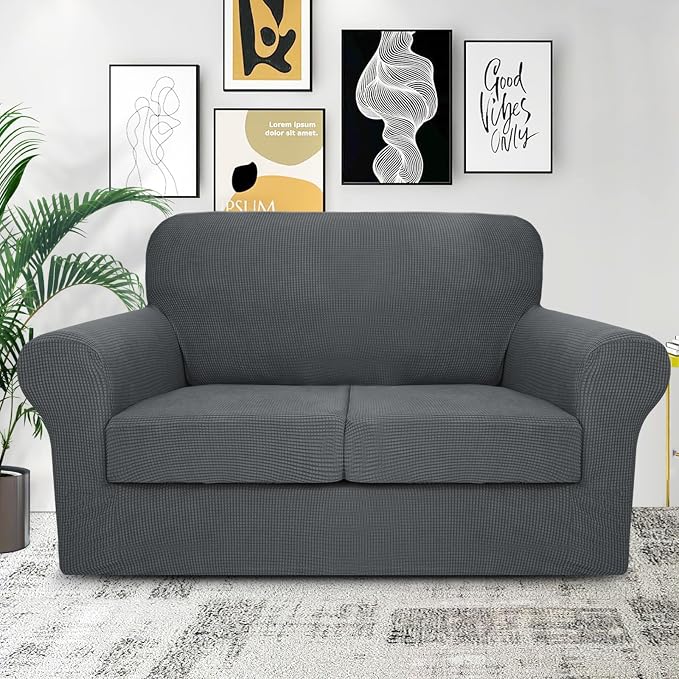 ZNSAYOTX 3-Piece Loveseat Slipcovers High Stretch Spandex Sofa Slip Cover Living Room Love Seat Couch Covers for 2 Cushion Couch Jacquard Small Checks Furniture Protector (Dark Grey, Loveseat) - Image 2