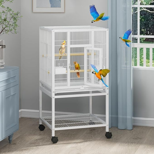 YITAHOME 41 inches Metal Bird Cage for Parakeets: Large Parrot Cages with Tray, Food Boxes, and Wooden Perches with Rolling Stand & Brakes for Lovebirds Cockatiels Pigeon Finches, White by YITAHOME