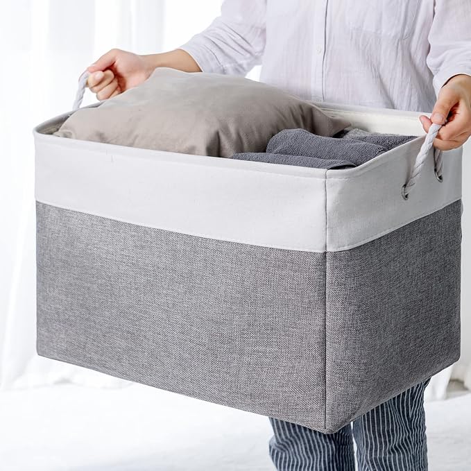 TheWarmHome Storage Bins Baskets for Organizing, 20.5L×15.7W×13.8H 3 Pack Sturdy Fabric Storage Basket W/Handles, Decorative Foldable Storage Baskets for Shelves Closet Nursery Toy (White & Grey) - Image 7
