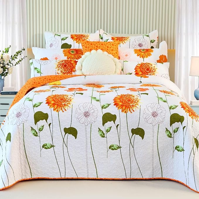 EVENHUG 100% Cotton Quilt King Size Orange Sunflower Bedding Set Floral Lightweight Quilt Reversible Coverlet Bedspread with 2 Pillow Shams All Seasons 3 Pieces (106”X96”) by EVENHUG