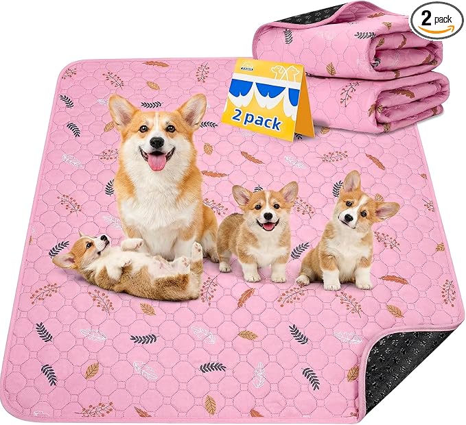 Sunheir 2-Pack Extra Large Reusable Dog Mat for Floor, Dog Playpen, Non-Slip Waterproof Dog Pee Pad, Super Absorbent Washable Pee Pads for Dogs, Pet Whelping Pads, Potty Training - Pink, 36" x 41" by SUNHEIR