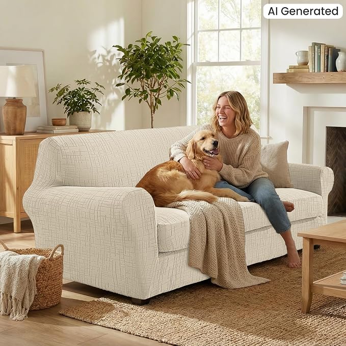 4 Piece Stretch Sofa Covers for 3 Cushion Couch, Non Slip Couch Covers for Sofa, Pet Couch Cover Washable, Couch Slipcover for Dogs, Kids (Beige), 91"-110" (3 Cushion XL Sofa) - Image 3