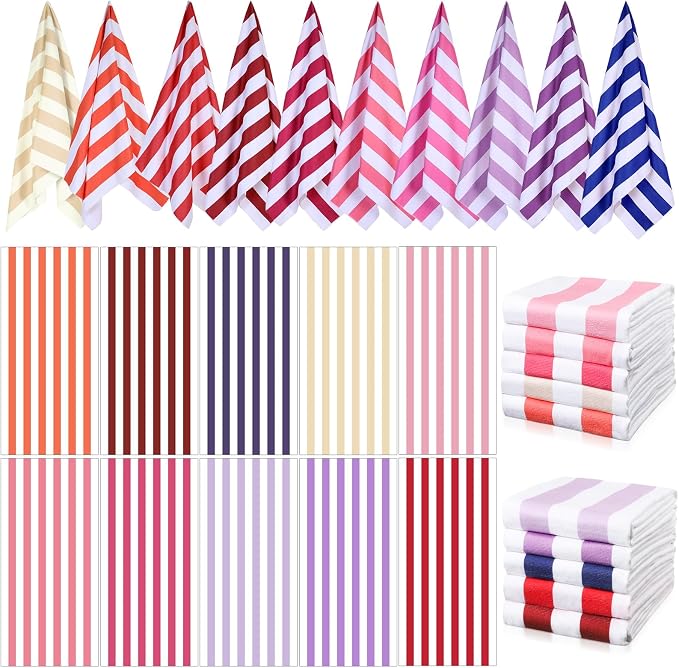 EBOOT 10 Pack Oversized Beach Towel Set Extra Large Pool Towels Microfiber Quick Dry Swim Blanket for Adult Women Men Face Hand Body Bath Travel Pool(Fancy Color,36 x 72 Inch,Cabana Stripe) by eBoot