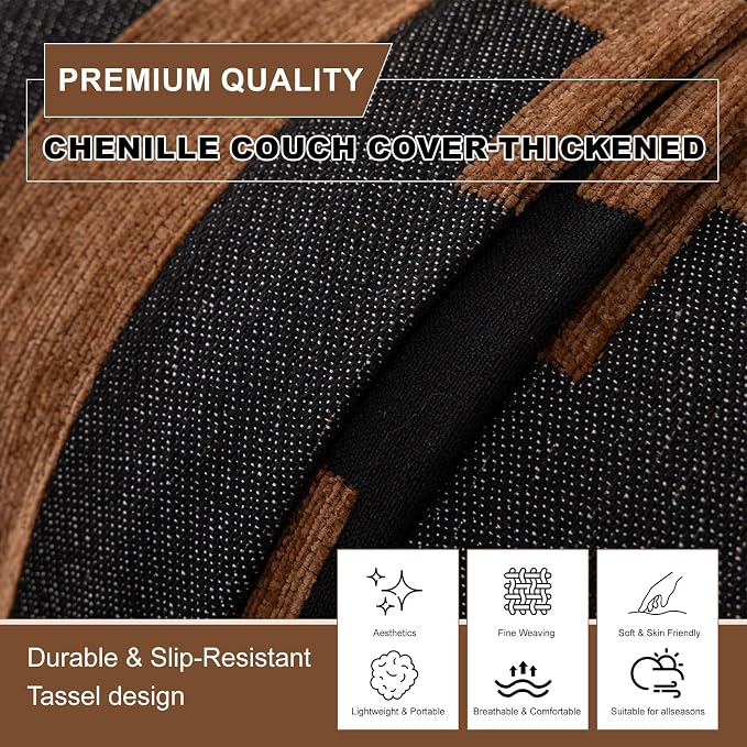 ROOMLIFE Dark Brown Couch Cover 3 Cushion Sofa, Washable Non Slip Furniture Sofa Protector Cover, Soft Chenille Sofa Slipcovers Sectional L Shape Dogs Couch Cover Throw Blanket with Tassels71''X118'' - Image 4