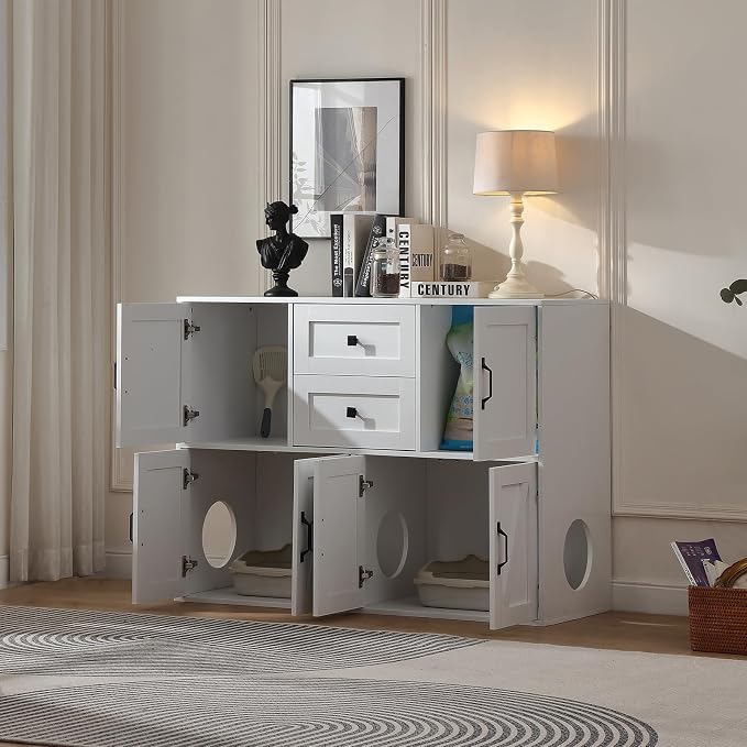 Forest Gravity Large Dog-Proof Double Cat Litter Box Enclosure with Storage for 2 Cats,Cat Washroom Cabinet with 2 Drawers,47.6'' Modern Dual Litter Box Furniture Cabinet with Compartments,White - Image 2