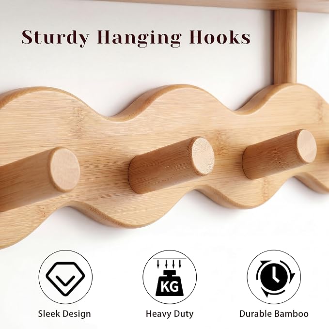 Wave-Shaped Bamboo Coat Rack Wall Mount with Shelf - Modern 6-Hook Rack | Modern Sculptural Wave Decor, Organic Wood Wall Organizer with Storage Shelf, Eco-Friendly Coat Rack for Hanging Bags, Keys - Image 6