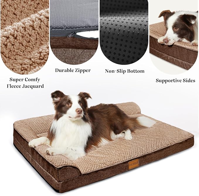 Orthopedic XL Dog Bed Large Sized Dog 42''X28'', Waterproof L Bolster Egg Crate Foam Big Pet Crate Beds with Washable Removable Cover, Non-Slip Soft Pet Couch Sleep Mat, Brown - Image 3