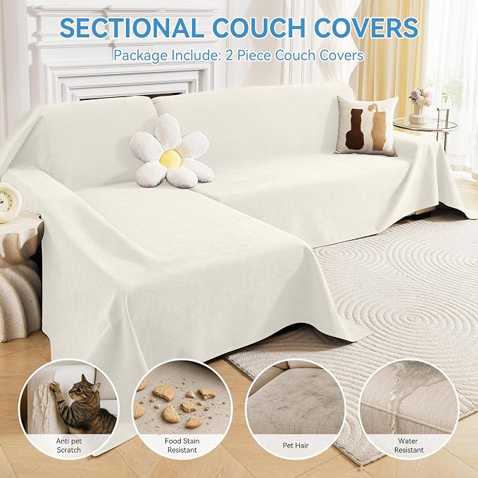 Deep Dream Sectional Couch Covers, 2 Pieces 100% Waterproof L Shaped Sofa Cover, Non Slip Couch Cover for Dogs Cats Washable, Pet Friendly Sofa Slipcovers Furniture Protector (X-Large, White) - Image 3