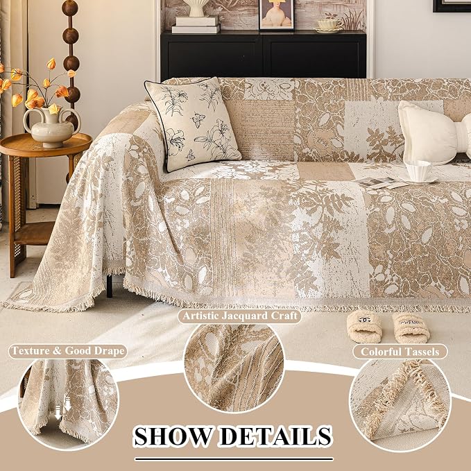 STACYPIK Botanical Floral Couch Cover for Pets Textured Beige Cream Patchwork Sofa Cover for 2 Cushion Couch with Tassels Dogs Couch Cover for Sectional Love Seat Protector for Living Room-71X118IN - Image 5