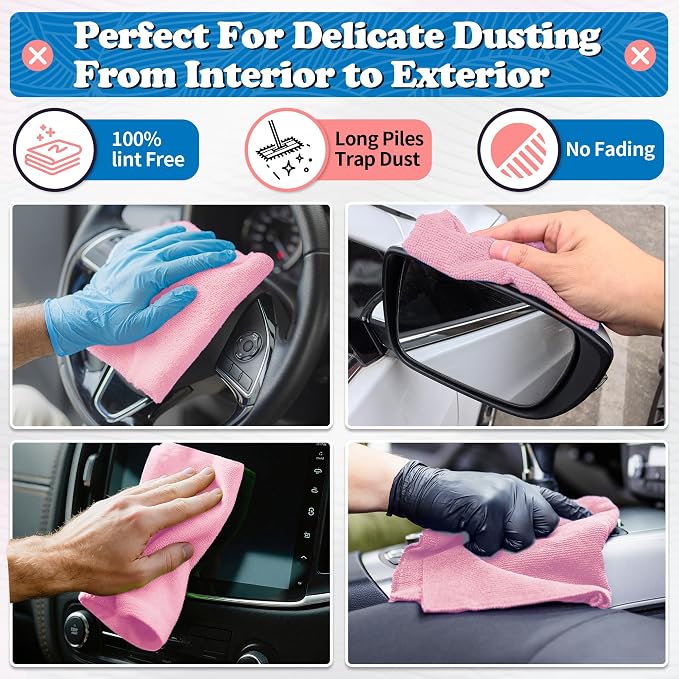 FIXSMITH Microfiber Cleaning Cloth, Shop Towels Bulk, 24 Pack Pink Microfiber Towels for Cars, All-Purpose Absorbent Cleaning Rags, Dust Cloth for Automotive, Mechanic, Garage, Bar, 12 x 11 inch - Image 3