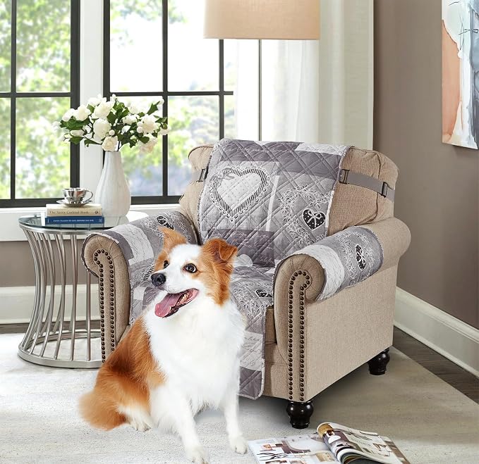 Brilliant Sunshine Grey Heart Love Patchwork Quilted Chair Slipcover, 23" Seat Width, Slip Resistant Furniture Protector, 2" Strap, Washable Armchair Cover for Pets, Kids, Dogs, Cats, Grey | Non Slip Sofa Cover, Quilted Furniture Protector, Washable Ch... by BrilliantSunshine